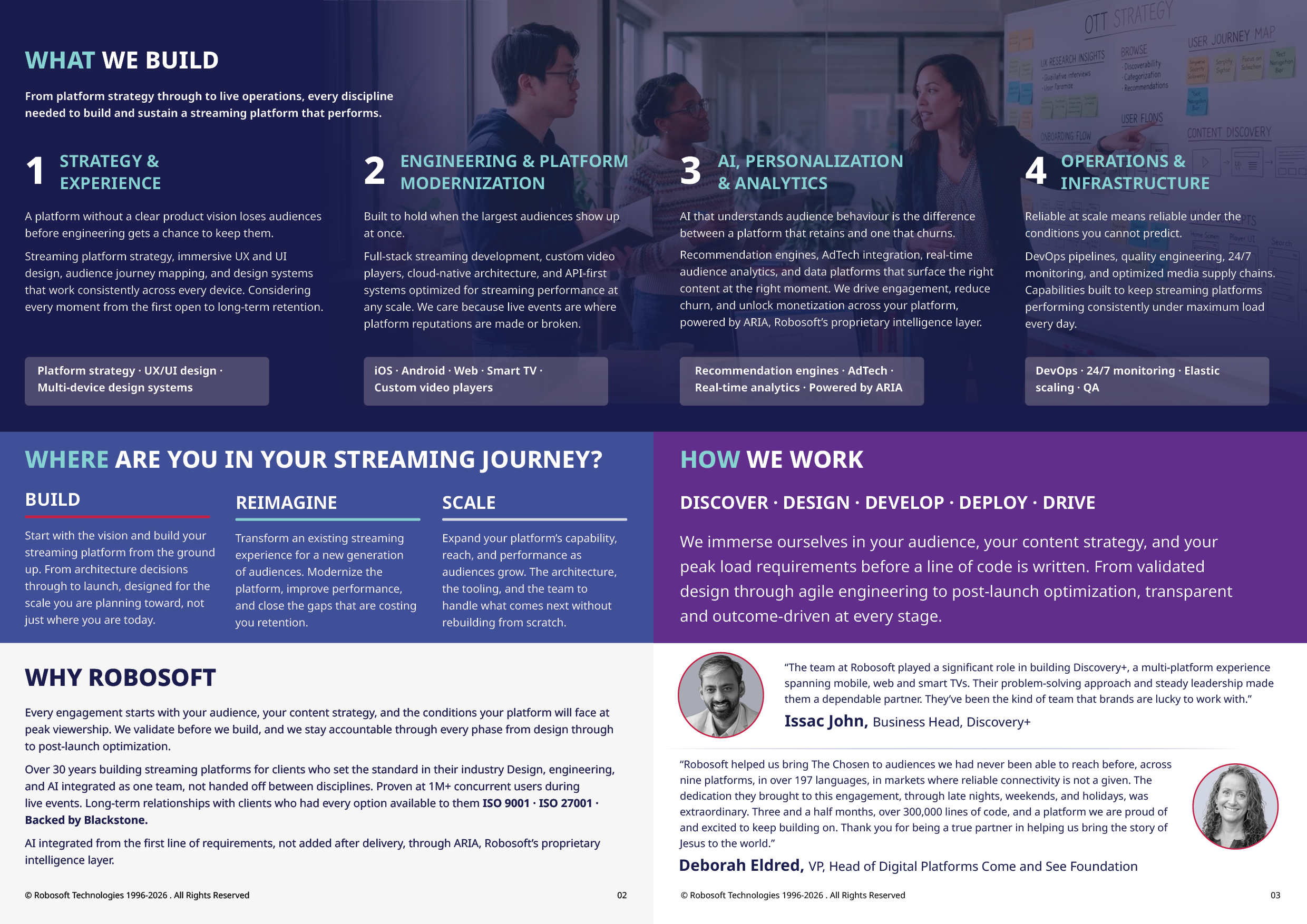 Three adults stand in a modern office space discussing work in front of a wall covered with colorful sticky notes and charts, alongside a detailed infographic about streaming strategy, engineering, personalization, and infrastructure. Description generated by AI