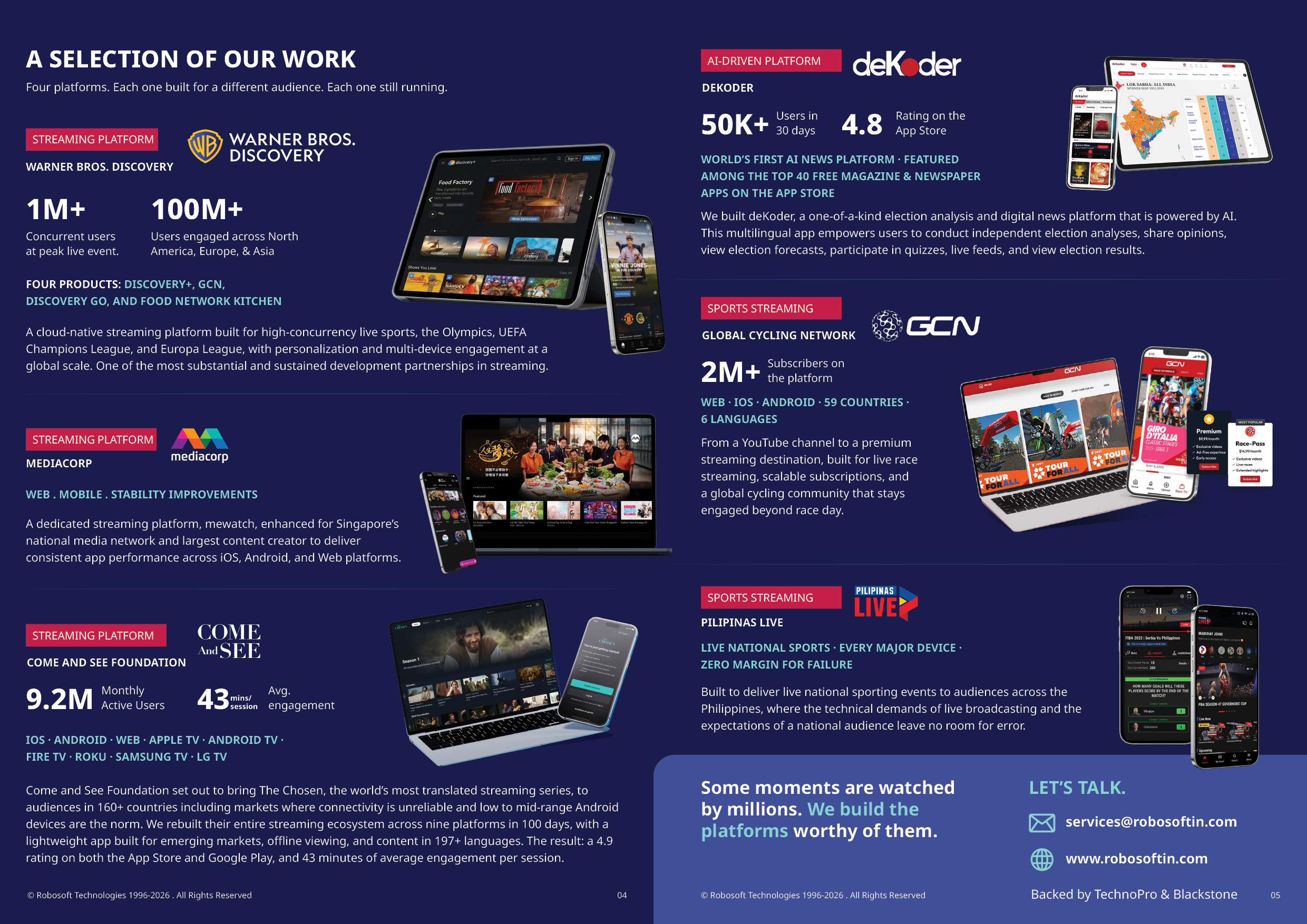 A colorful infographic showcases various streaming platforms and digital media services highlighting user statistics, content types, and platform features with images of devices displaying streaming content. Description generated by AI