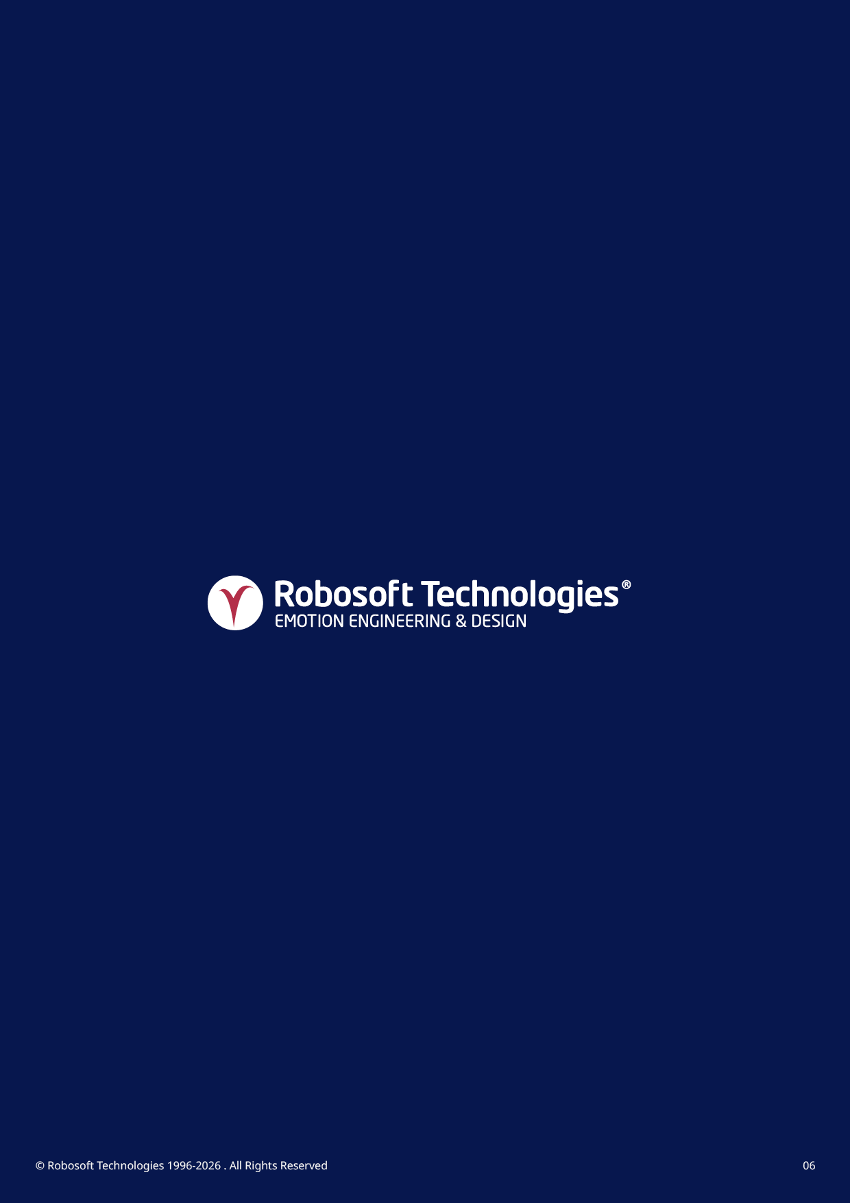 Robosoft Technologies logo with the tagline emotional experiences & design on a dark blue background. Description generated by AI