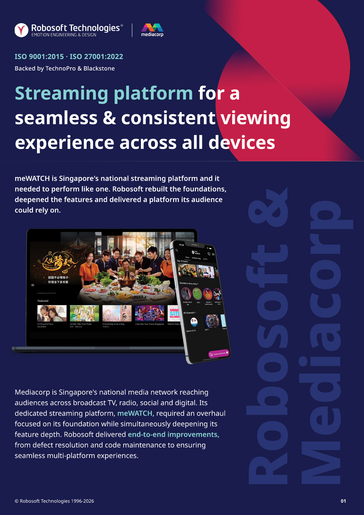 Promotional graphic for meWATCH, a Singaporean streaming platform by Robosoft Technologies and Mediacorp, featuring a laptop and smartphone displaying streaming content with text highlighting seamless and consistent viewing across devices. Description generated by AI