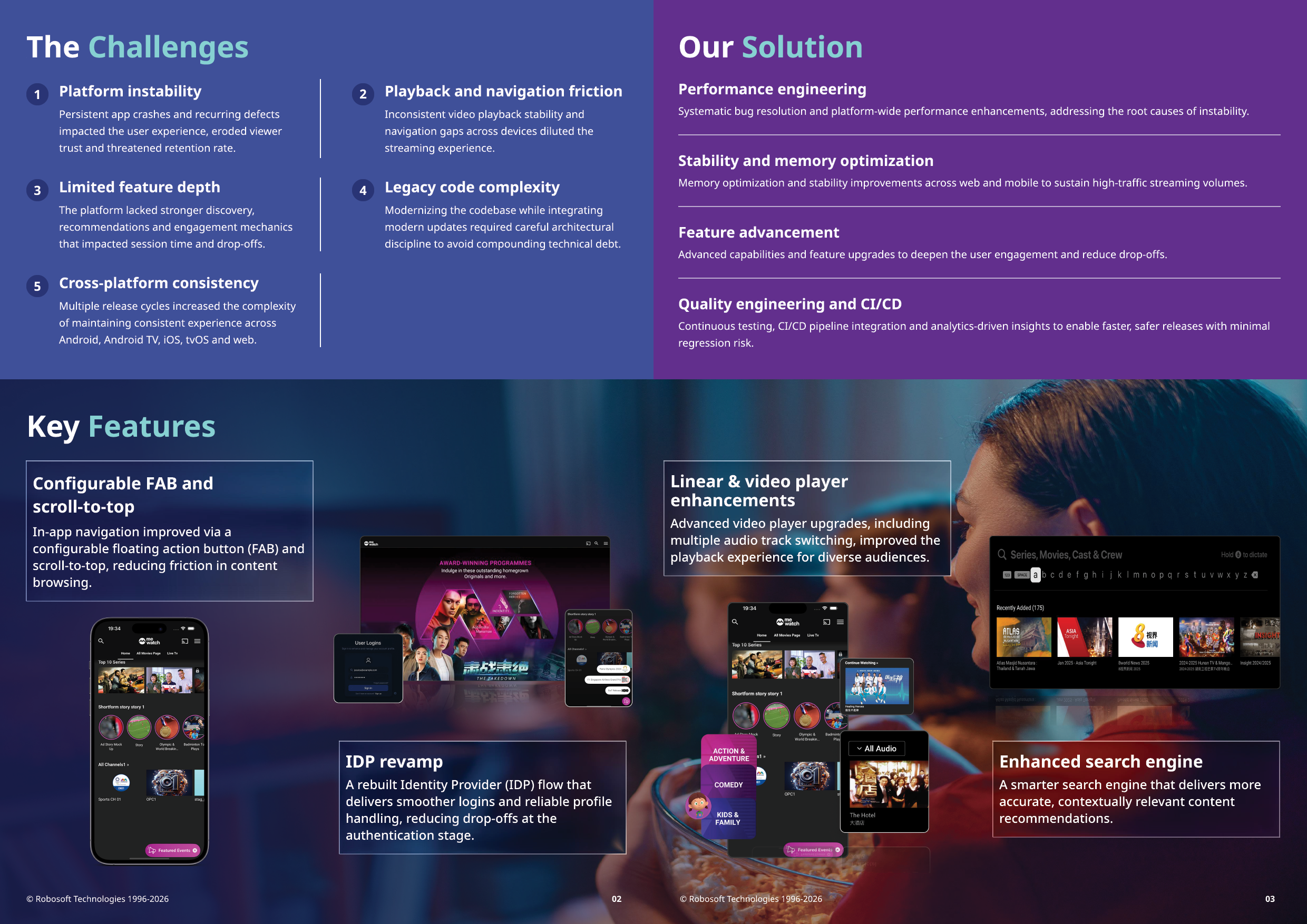A digital presentation slide contrasts challenges and solutions in modern streaming technology with screenshots of streaming interfaces and devices against a dark background featuring a person with long hair. Description generated by AI