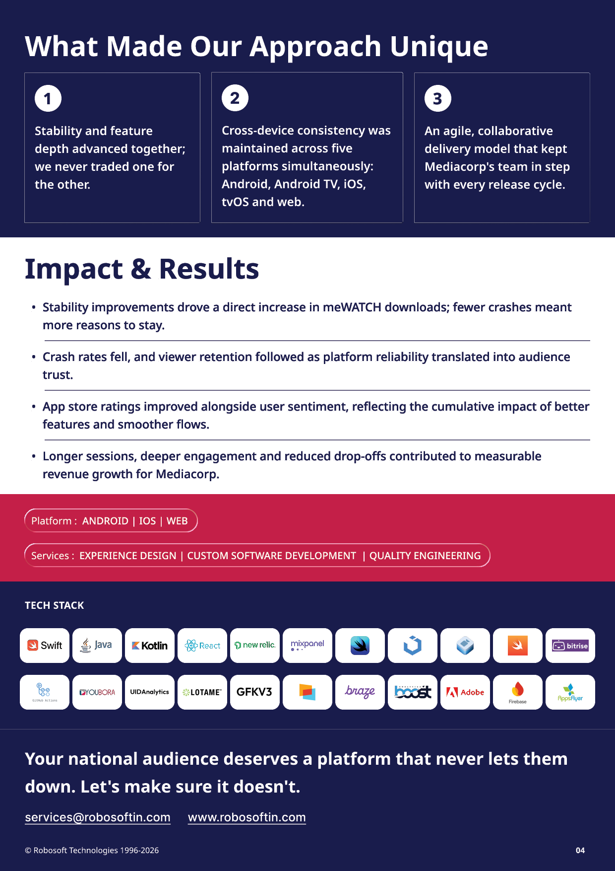 A professional infographic outlines a unique approach to platform stability and feature development, highlighting cross-device consistency, collaborative delivery, and measurable improvements in user engagement and retention for a software platform. Description generated by AI