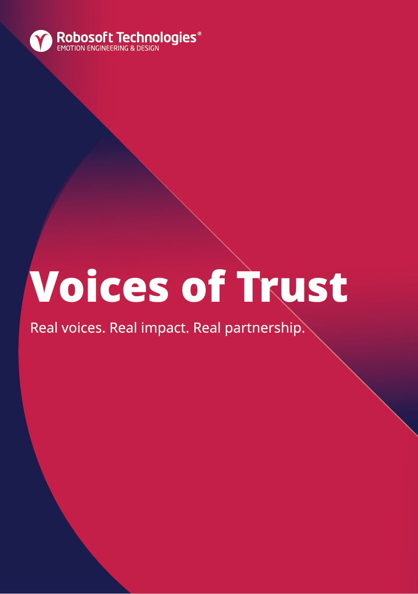 A graphic with a dark blue and red gradient background featuring the text “Voices of Trust" and the tagline "Real voices. Real impact. Real partnership." along with the Johnson & Johnson logo. Description generated by AI
