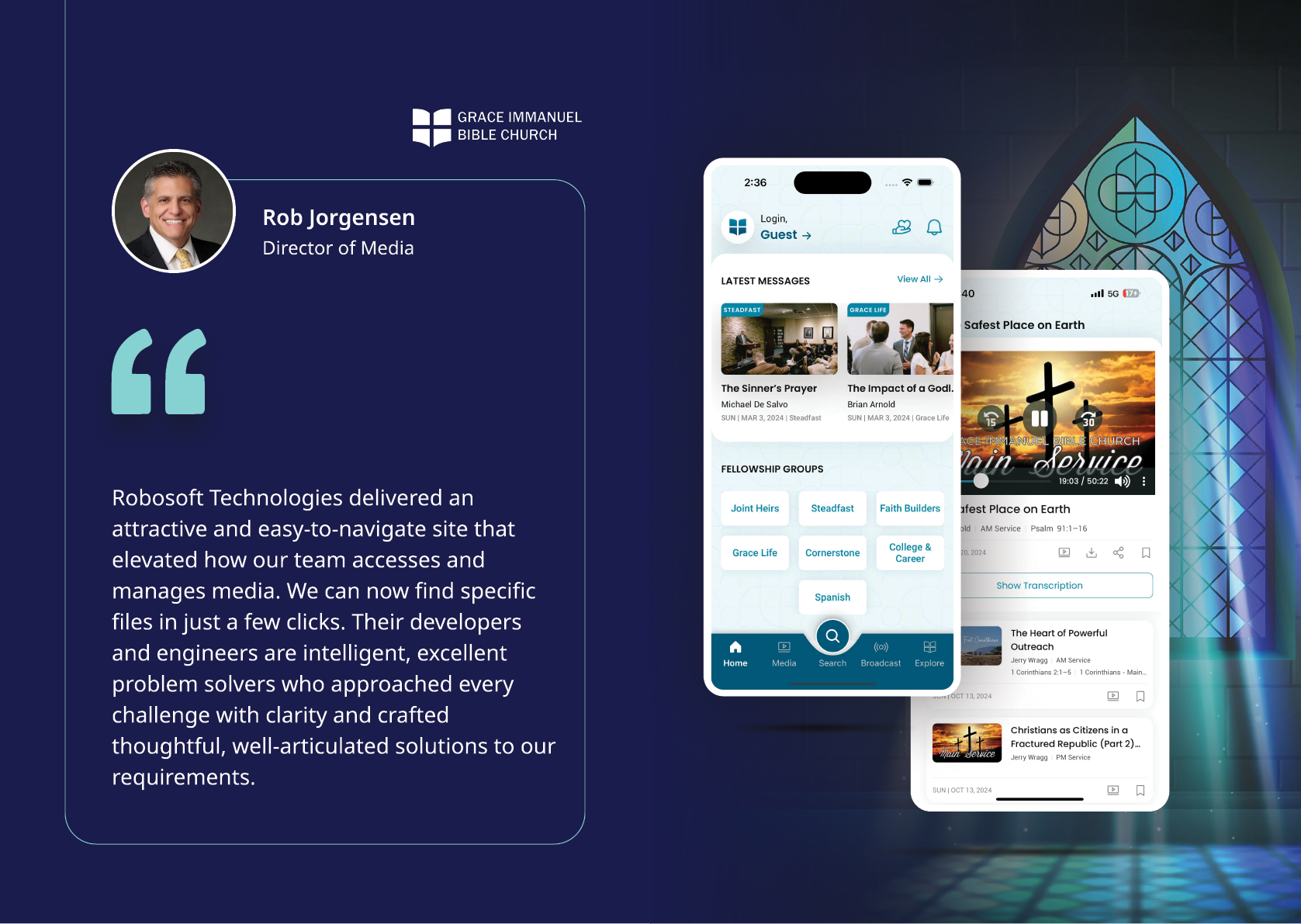 A digital testimonial from a director praising a media management platform is displayed alongside two smartphone screens showing the platform's user interface with media content and navigation options. Description generated by AI
