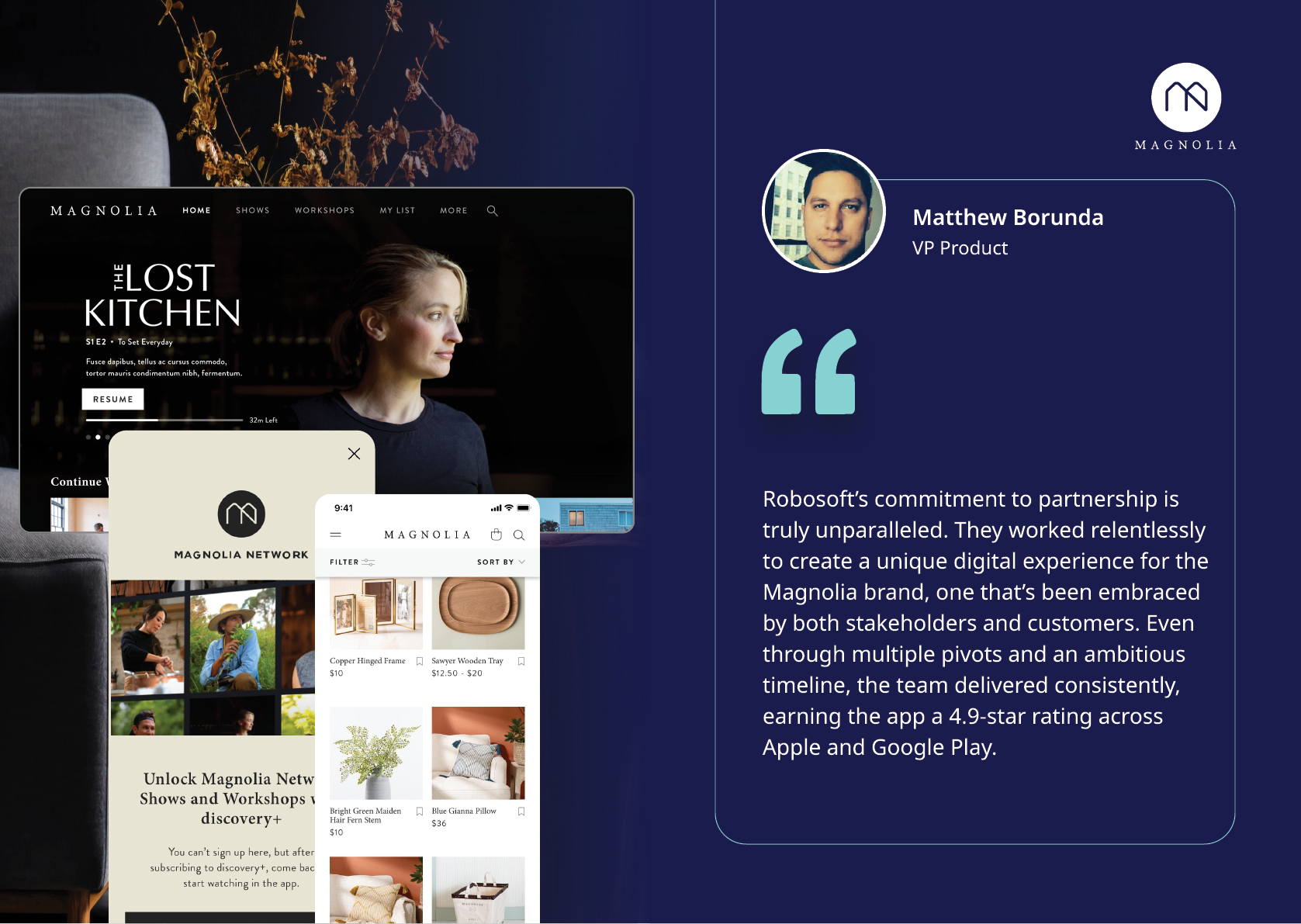 A digital testimonial from a VP Product praising a company's partnership and app performance is displayed alongside a blurred person and multiple screens showing a website and mobile app interface for a kitchen-related brand. Description generated by AI