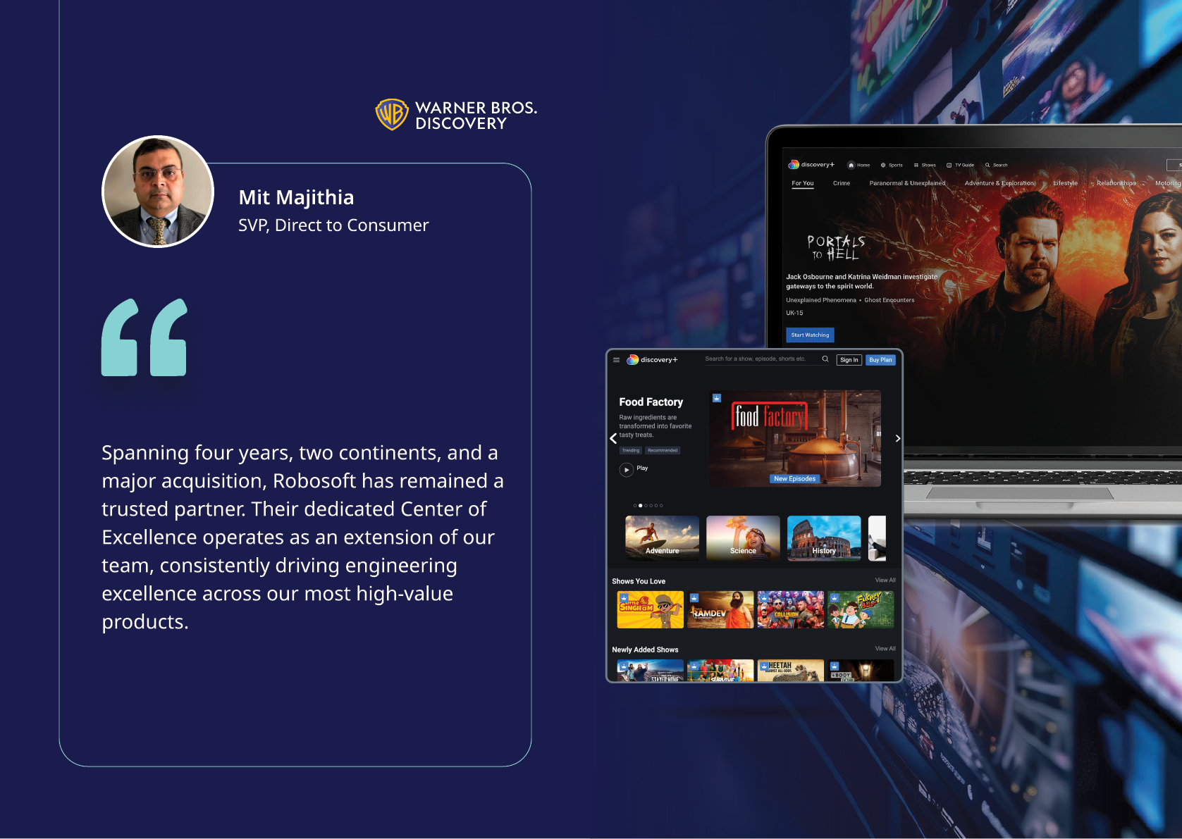 A professional testimonial from an executive highlights a successful partnership and engineering excellence alongside screenshots of a streaming service interface displaying various movies and shows. Description generated by AI