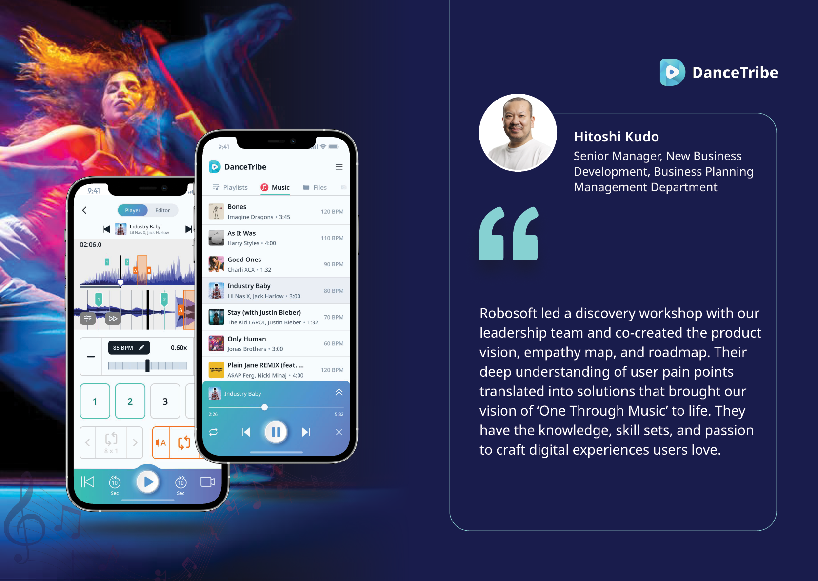 A digital graphic shows two smartphones displaying a music app interface with colorful sound wave visuals alongside a testimonial from a senior manager praising a discovery workshop and user-centered design process for creating digital experiences. Description generated by AI