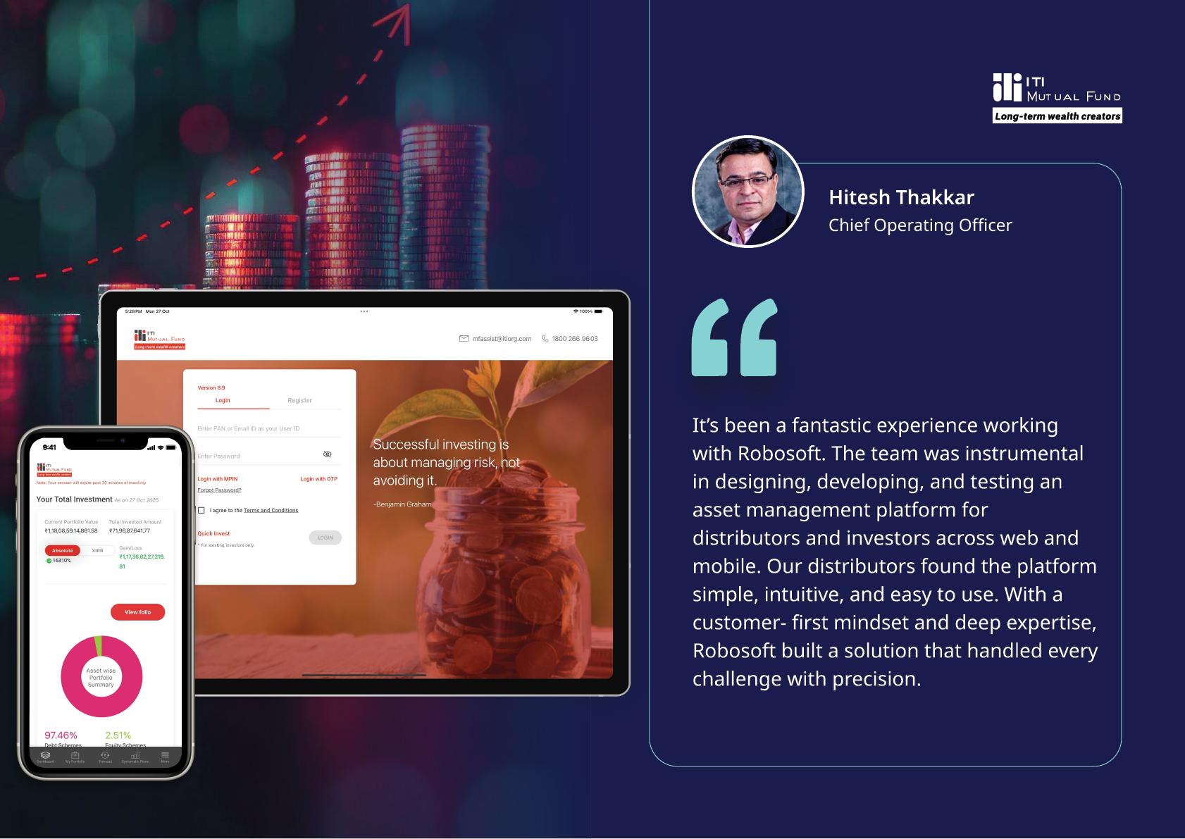 A testimonial from a chief operating officer praising Robosoft's asset management platform is displayed alongside a laptop and smartphone showing the platform's interface with a background of stacked coins and an upward trending arrow. Description generated by AI