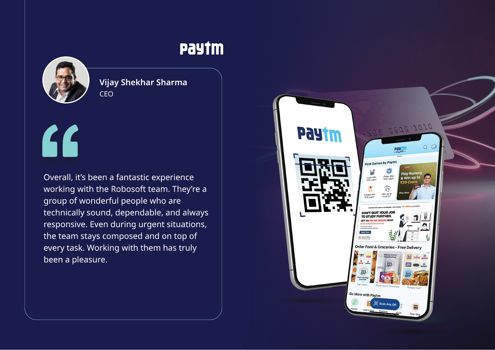 A testimonial from a person identified as CEO Vijay Shekhar Sharma praising the Rabocsoft team is displayed next to two smartphones showing the Paytm app interface. Description generated by AI