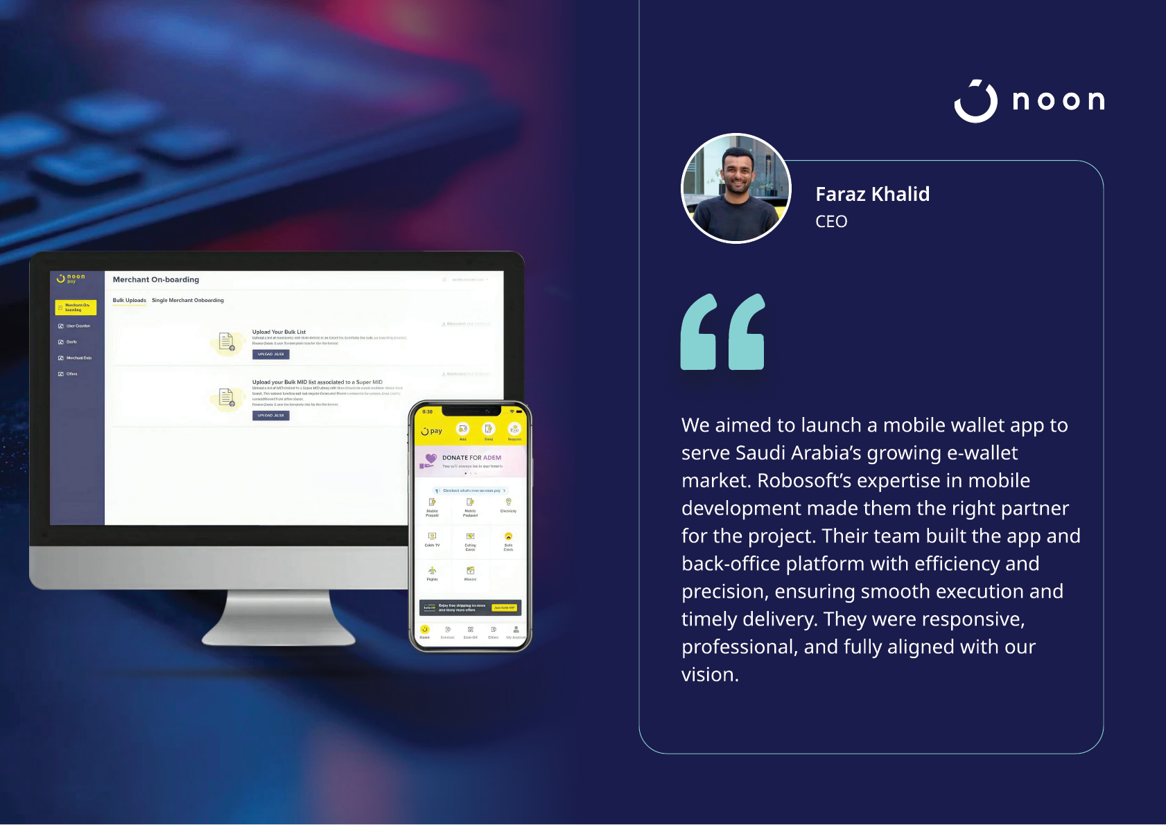 A digital display shows a computer monitor and smartphone with a mobile wallet app interface alongside a quote from a person identified as CEO discussing the launch of the app for Saudi Arabia's e-wallet market. Description generated by AI