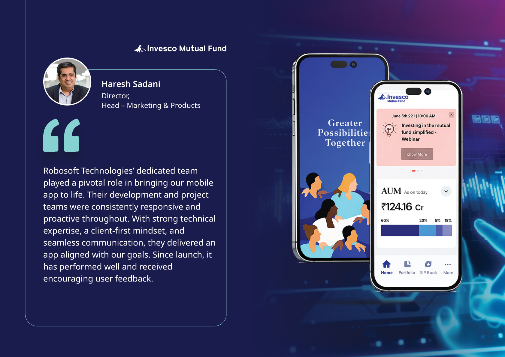 A professional testimonial from a director of marketing and products highlights the impact of a dedicated team on mobile app development alongside a digital illustration of people interacting with large smartphone screens displaying financial data. Description generated by AI