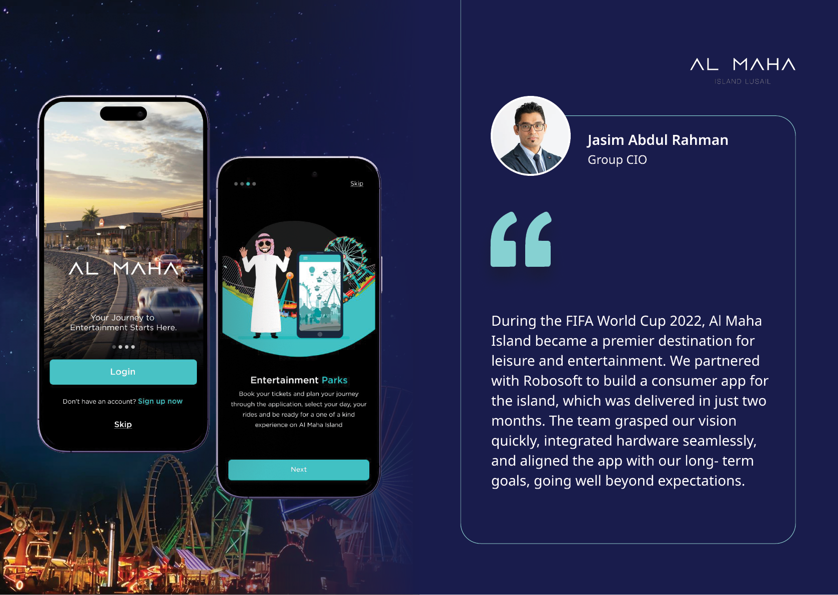A promotional graphic shows two smartphones displaying an app interface for Al Maha Island alongside a testimonial from an adult in traditional clothing praising the app's development for the 2022 FIFA World Cup as a leisure and entertainment destination. Description generated by AI