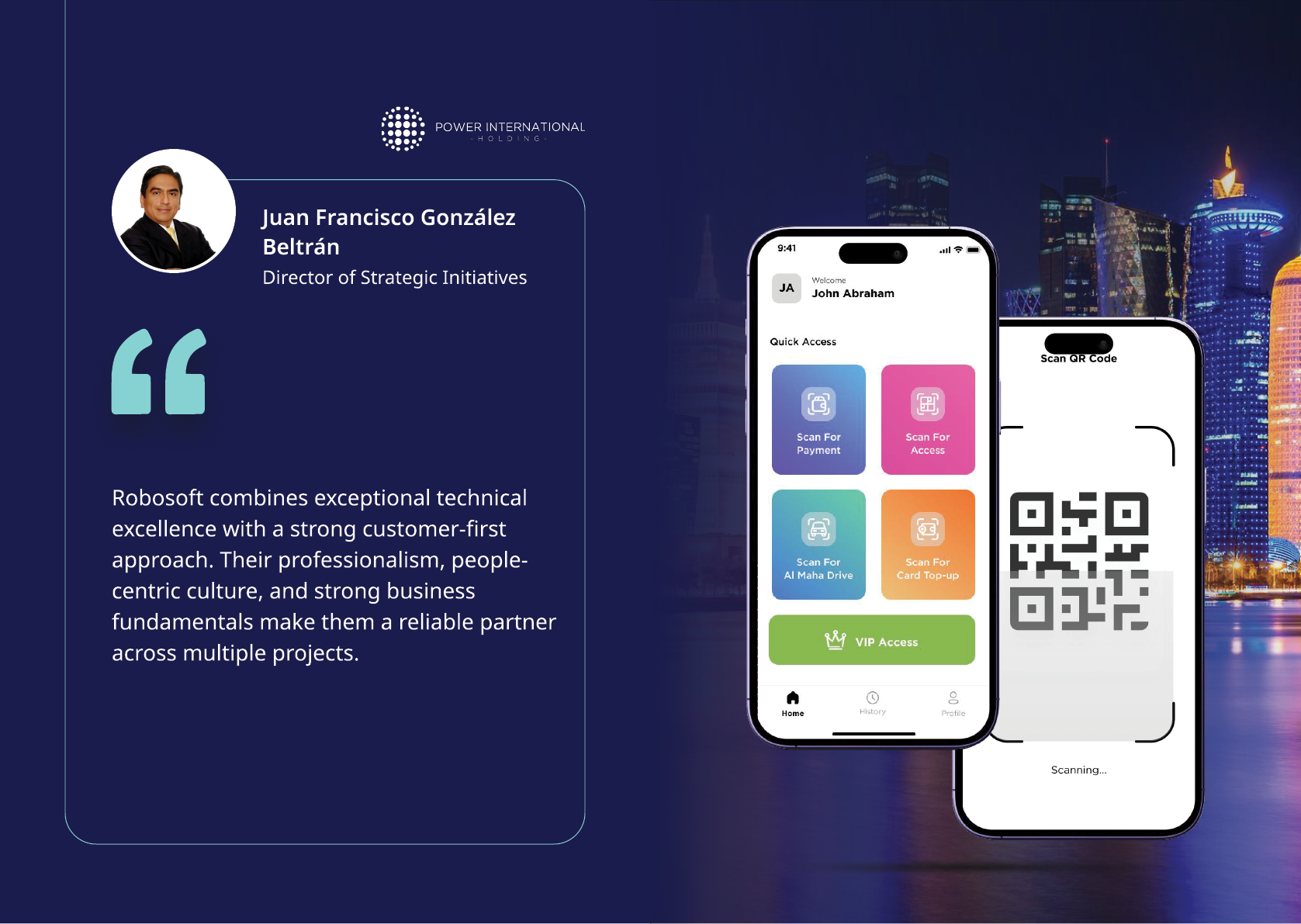 A professional testimonial with a portrait photo and quote is displayed next to two smartphones showing a mobile app interface and a QR code against a city skyline background at night. Description generated by AI