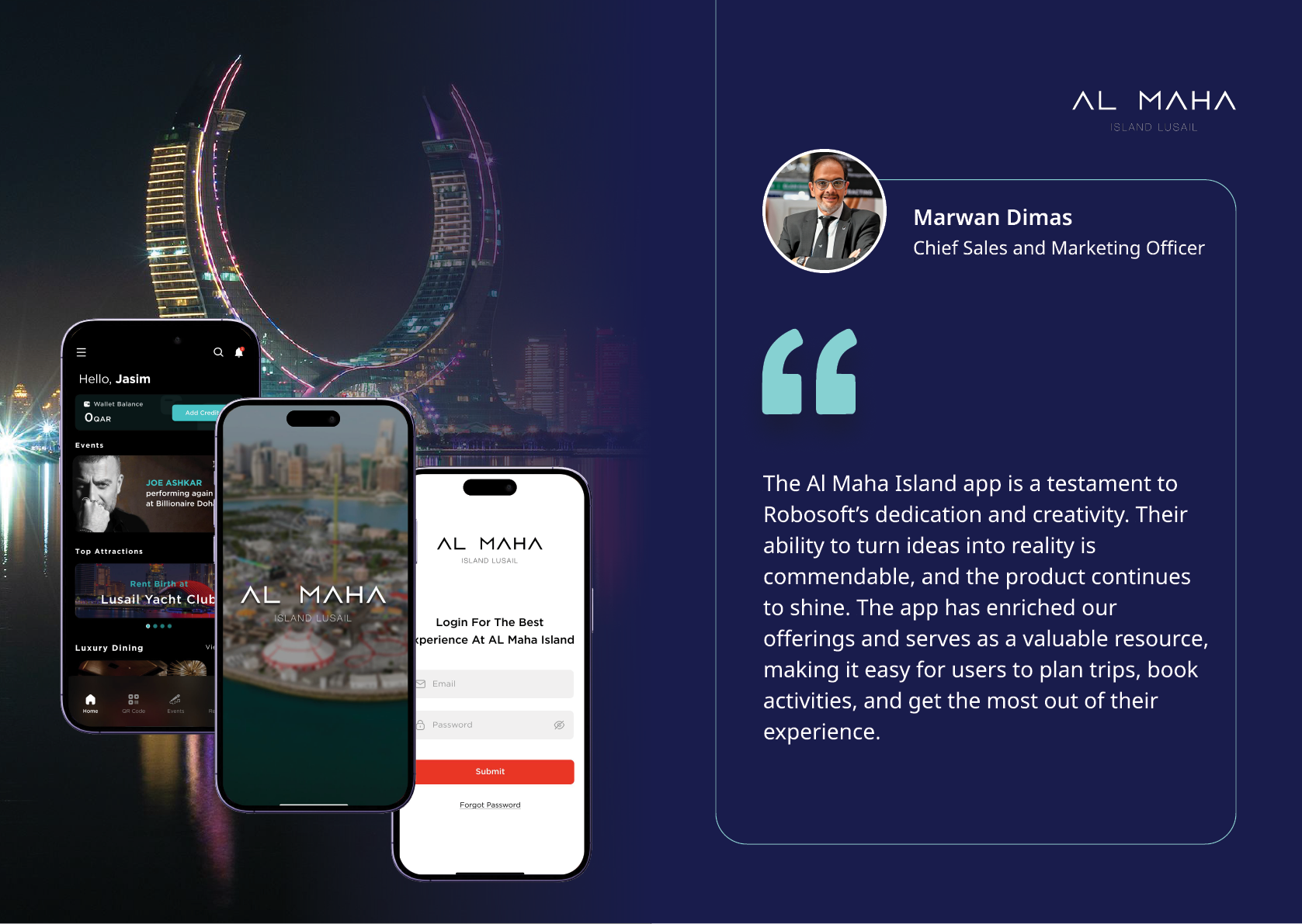 A nighttime cityscape with illuminated modern buildings is shown alongside three smartphones displaying different screens of the Al Maha app and a testimonial praising the app's dedication, creativity, and usefulness for planning trips and booking activities. Description generated by AI