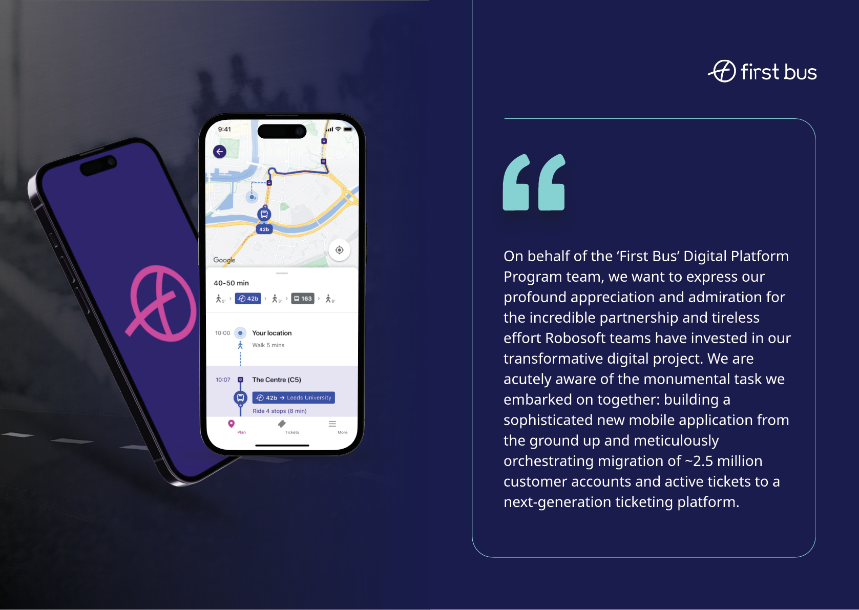 Two smartphones display a peace symbol on one screen and a map with route details on the other, alongside a message from First Bus Digital Platform Program expressing appreciation for partnership and efforts in developing a new ticketing platform. Description generated by AI