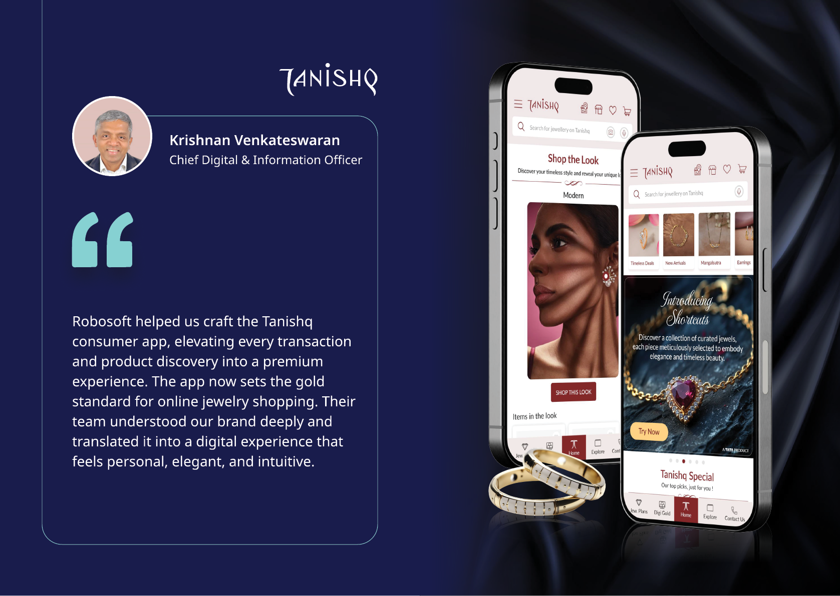 A testimonial from a chief digital and information officer praising the Tanishq consumer app for enhancing online jewelry shopping is displayed alongside two smartphones showing the app interface with jewelry images and options. Description generated by AI