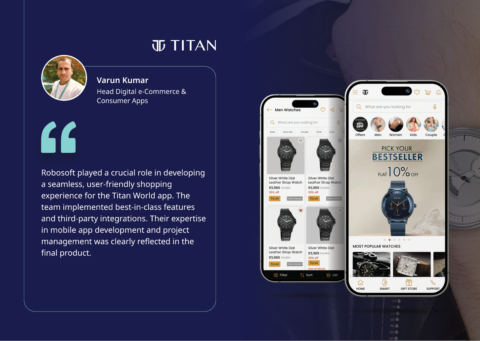 A professional testimonial from a person named Varun Kumar praising Robosoft for their expertise in mobile app development and project management is displayed alongside two smartphones showing a watch shopping app interface. Description generated by AI