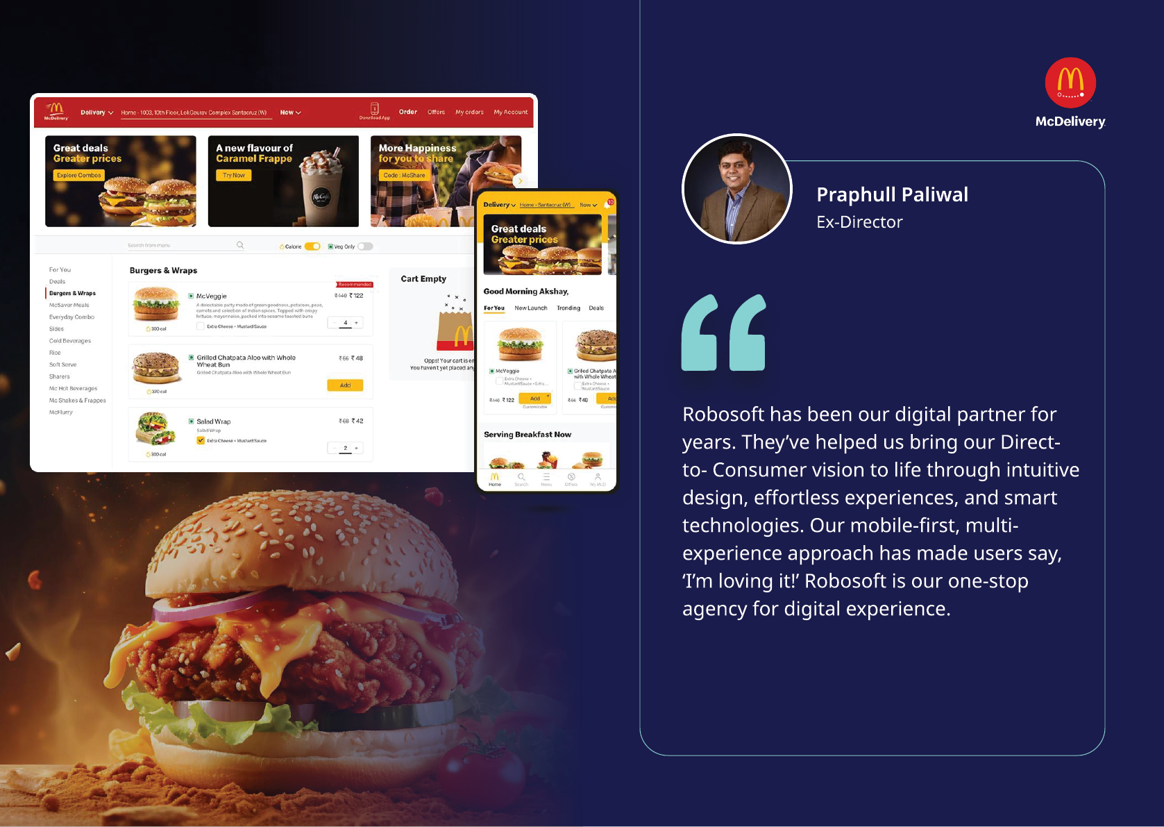 A digital testimonial from a person praising Robosoft for enhancing McDelivery's direct-to-consumer experience is shown alongside a close-up of a spicy chicken burger and screenshots of the McDelivery website and mobile app. Description generated by AI