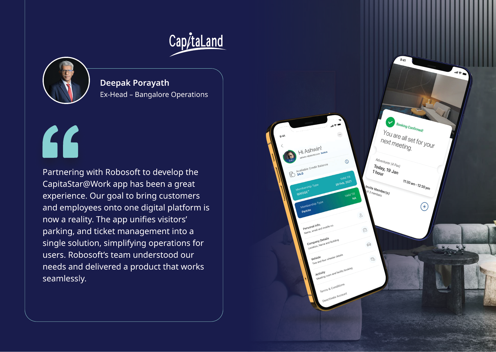 A professional testimonial from a business operations executive highlights the benefits of a digital platform app for visitor parking and ticket management, accompanied by two smartphones displaying the app interface in a modern office setting. Description generated by AI