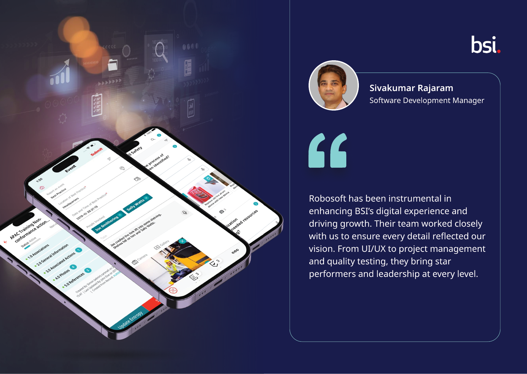 Two smartphones display a digital interface on the left side while a testimonial with a blurred profile photo and text praising Robosoft for enhancing digital experience and driving growth appears on the right side against a dark blue background. Description generated by AI