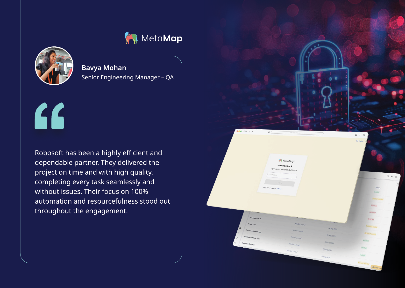 A professional testimonial from a person with a headset praises MetaMap for its efficient and dependable project delivery, accompanied by digital folder graphics and a glowing lock symbolizing security. Description generated by AI