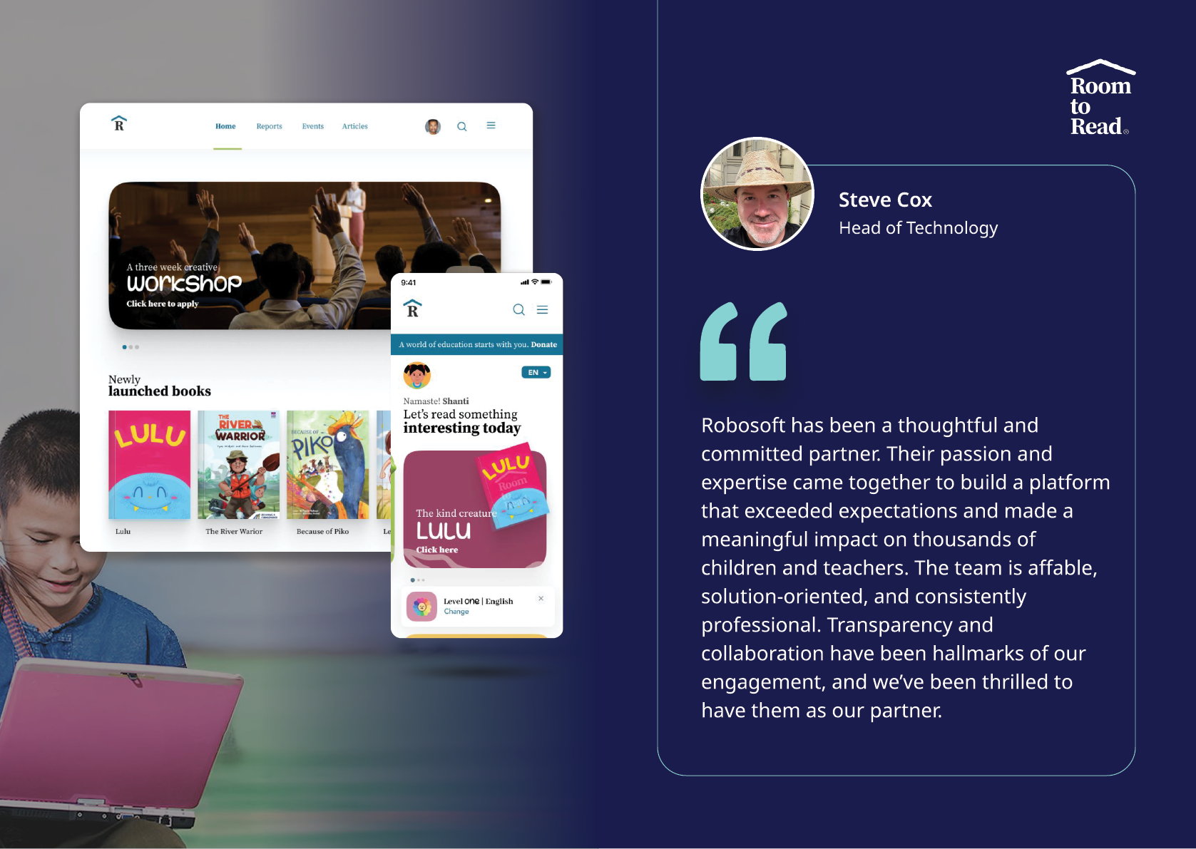 A digital testimonial featuring a person’s photo and quote praising Robosoft for their thoughtful partnership and professional collaboration is displayed alongside a laptop and smartphone showing a website with books and workshop content. Description generated by AI