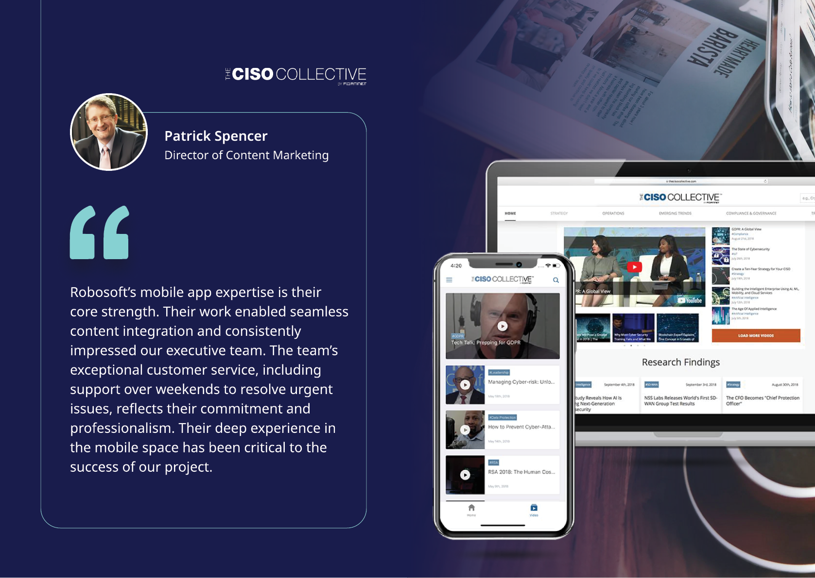 A professional endorsement quote about mobile app expertise is displayed alongside a person in a suit and images of a smartphone and laptop showing a website. Description generated by AI